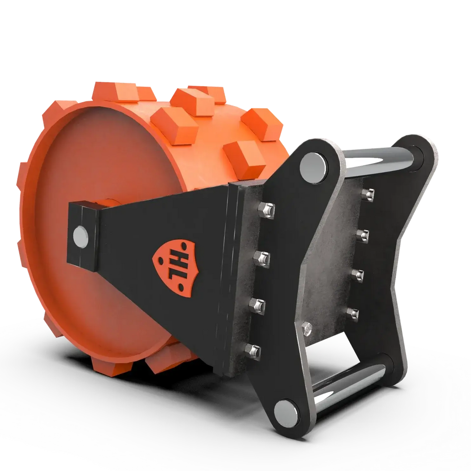 Excavator compaction wheel with orange lugs, designed for effective soil compression and durability.