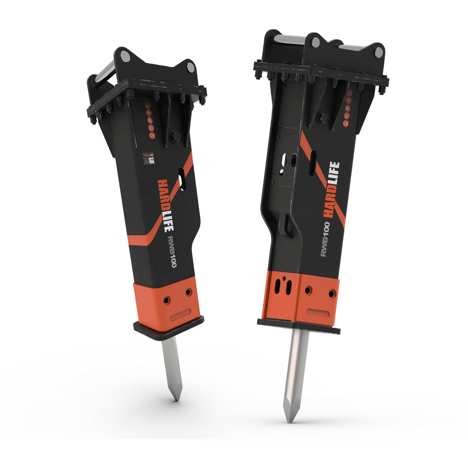 Hardlife hydraulic excavator breakers designed for rocky terrain, showcasing Economy and Professional models.
