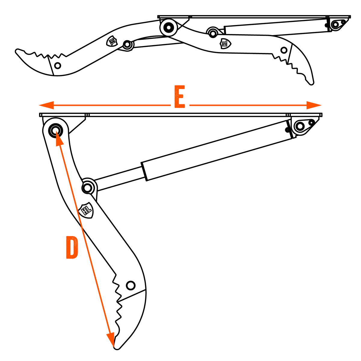 Diagram illustrating dimensions D and E for hydraulic excavator thumb attachment installation.
