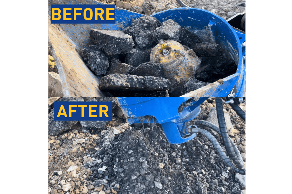 Before and after showing Auger Torque Cone Crusher Bucket for 3-10T Excavators processing construction rubble.