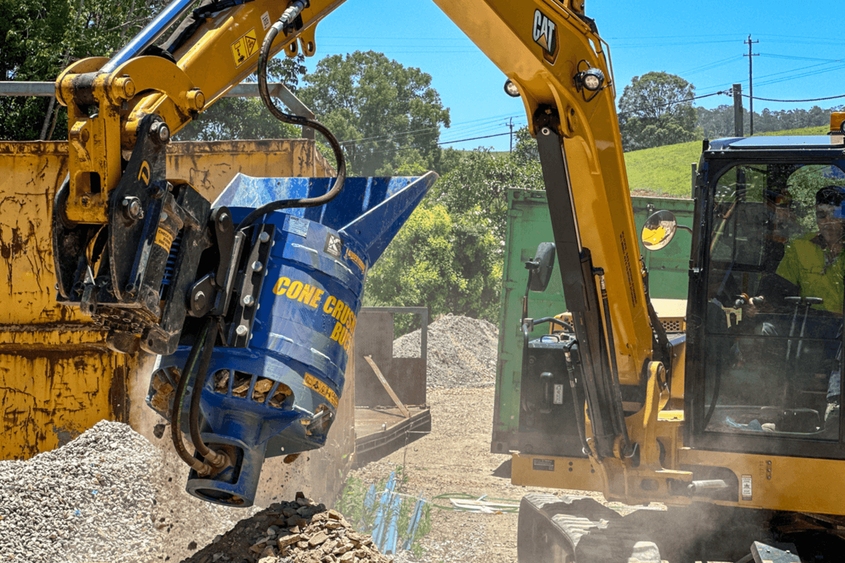 Auger Torque Cone Crusher Bucket for 3-10T Excavators in action at a construction site.