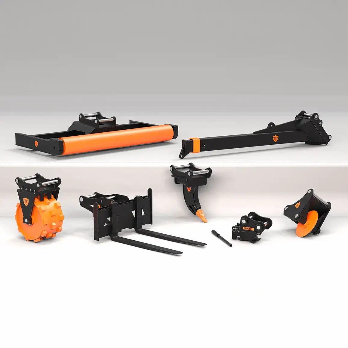 Hardlife Range of Excavator tools, versatile range of black and orange excavator attachments.