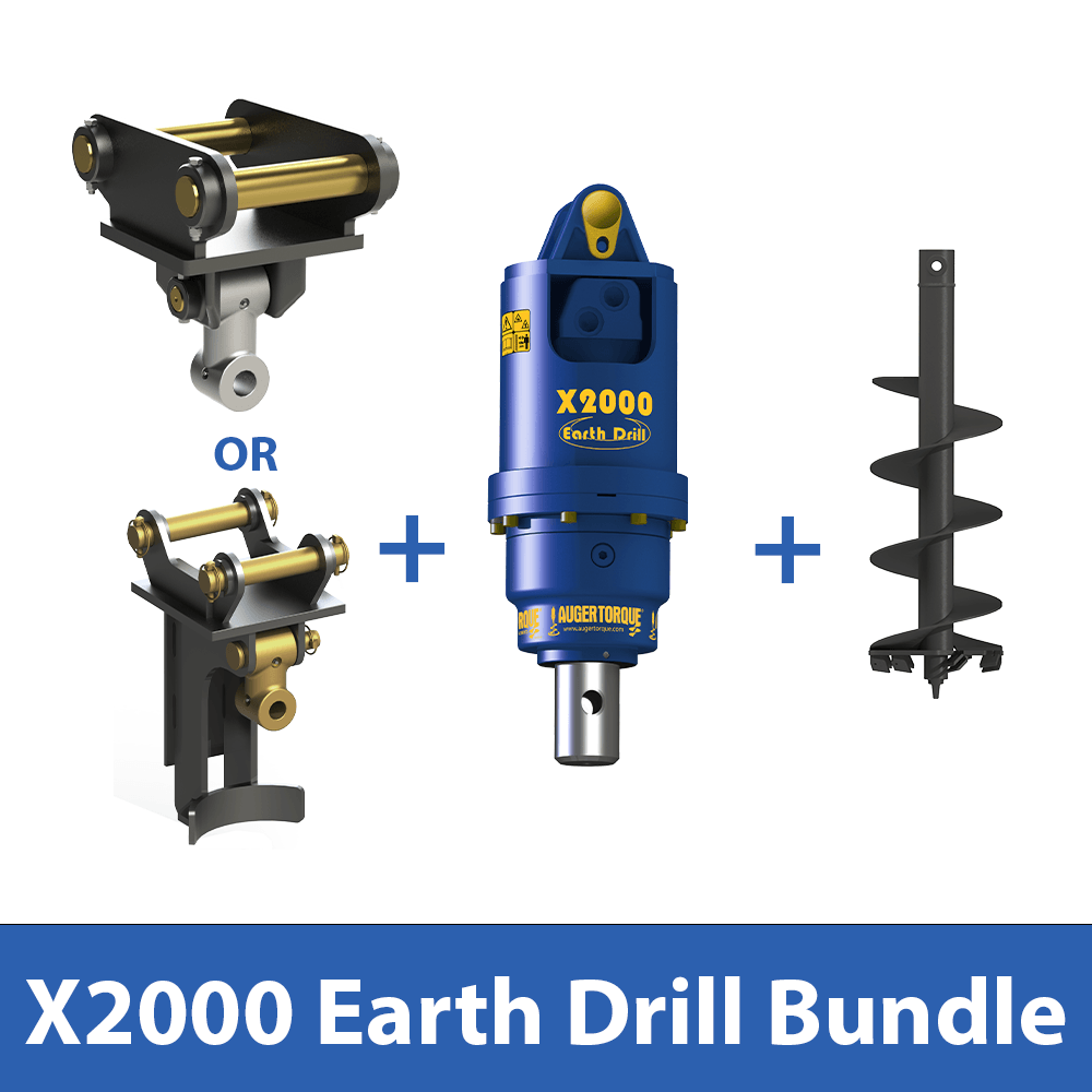 Auger Torque X2000 Earth Drill Bundle with attachments for mini excavators and small carriers.