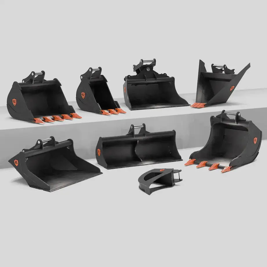 Hardlife Earthmoving bucket range, black excavator attachments with orange details