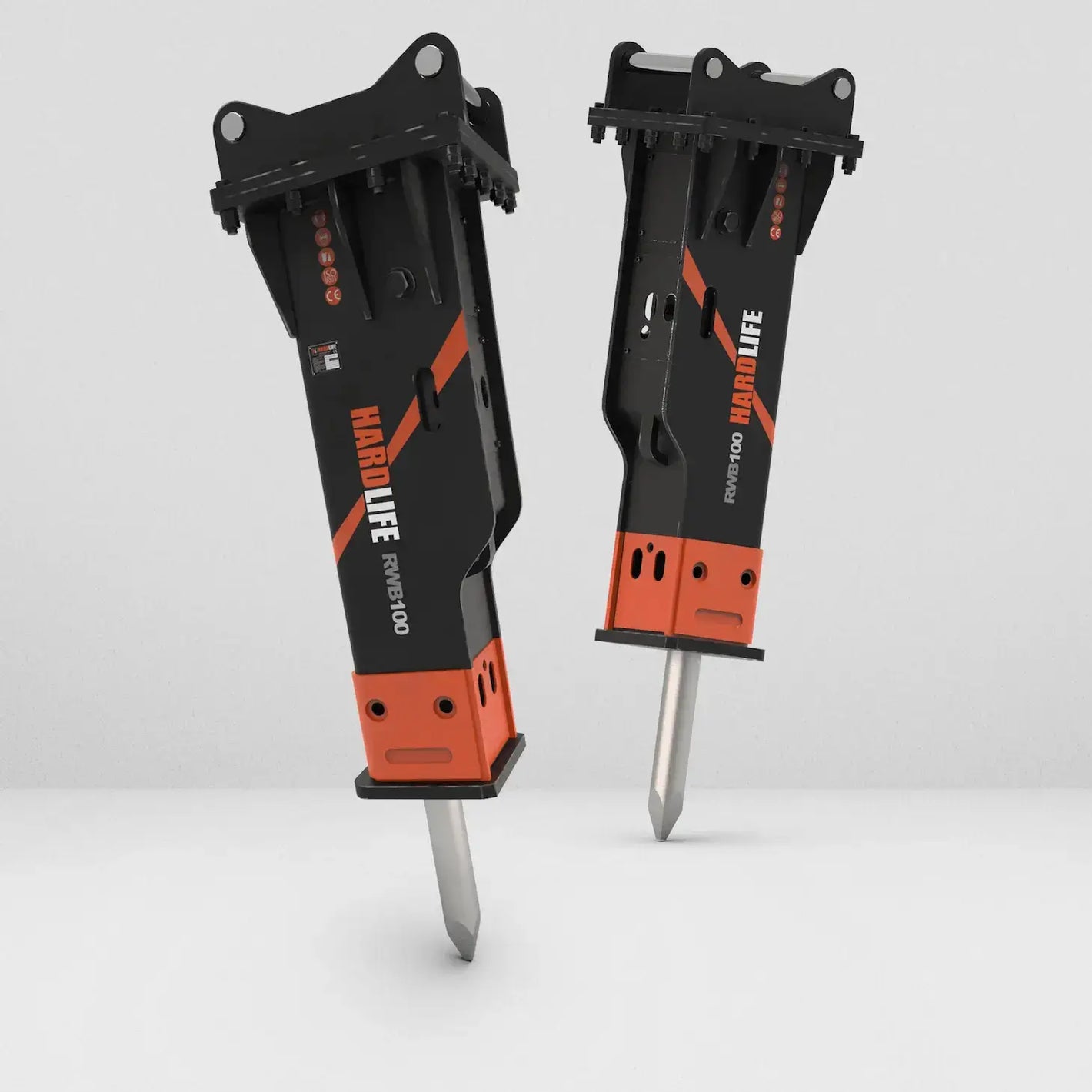 Two Black and Orange Hardlife Hydraulic Breakers/Hammers for Excavators