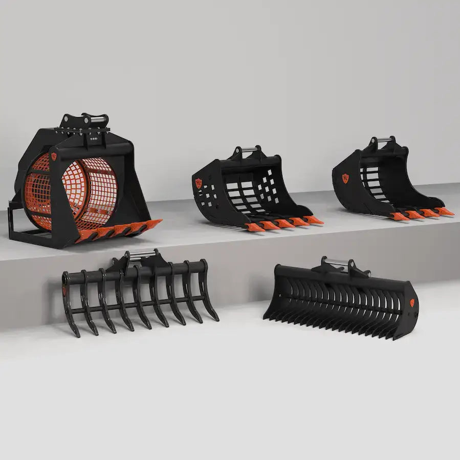 Hardlife sorting buckets range, black excavator attachments with orange detailing