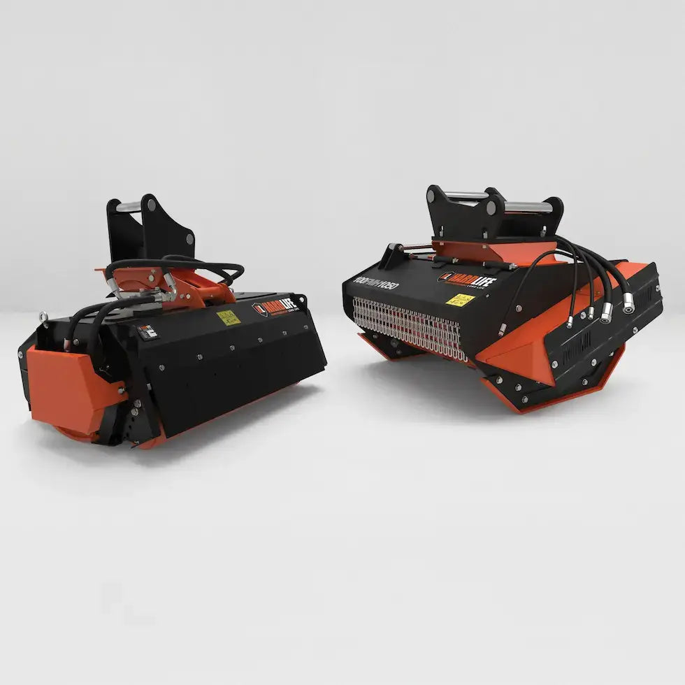 Two Black and Orange Hardlife Attachments, a Hydraulic Flail Mower and a Forestry Mulcher for excavators