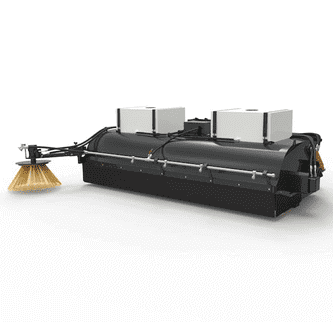 Kovaco Sweeper attachment featuring a rotating brush and hydraulic waste collector for efficient debris removal.