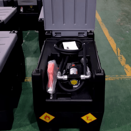 Mobile Diesel Tank With Pump, featuring fuel storage system and safety indicators for secure diesel transport.
